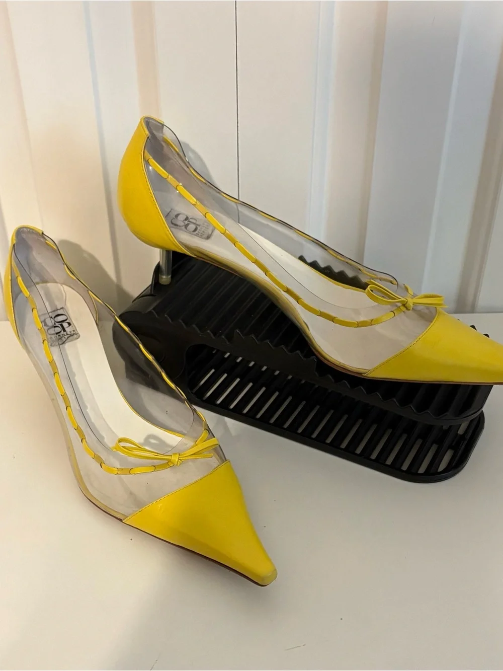 Vintage BARNEYS NEW YORK CO-OP, Yellow Leather and Clear PVC Pointy Kitten Heels
